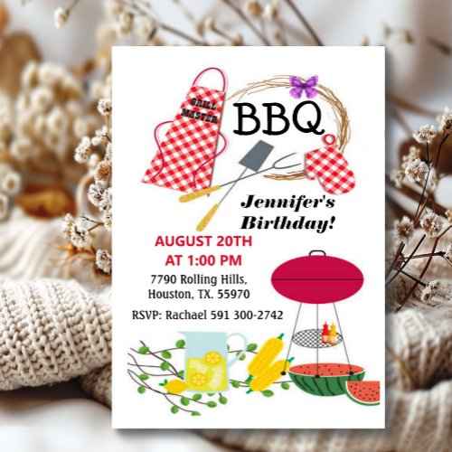 Red Checkered Apron And Barbecue Grill Birthday   Invitation