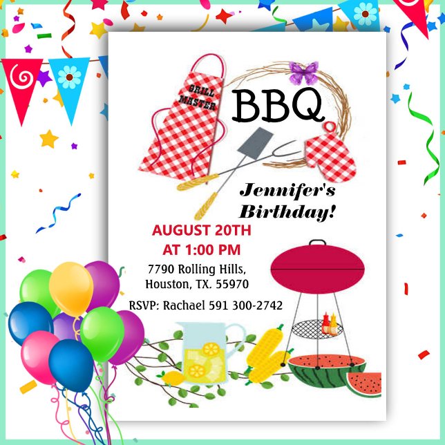 Red Checkered Apron And Barbecue Grill Birthday   Invitation (Creator Uploaded)