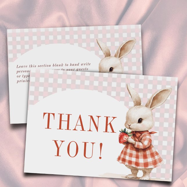 Red Checkered Berry Sweet Bunny Baby Shower Flat Thank You Card (Creator Uploaded)