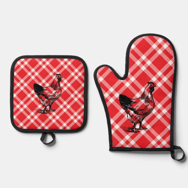 Red Checkered  Black Chicken design Oven Mitt & Pot Holder Set (Front)