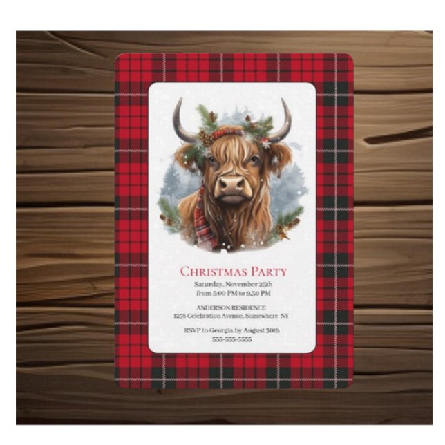 Red Checkered Christmas Highlander Cow Invitation (Christmas Highlander lovely  endearing cow)