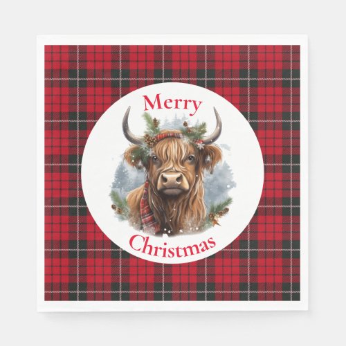 Red Checkered Christmas Highlander Cow Napkins