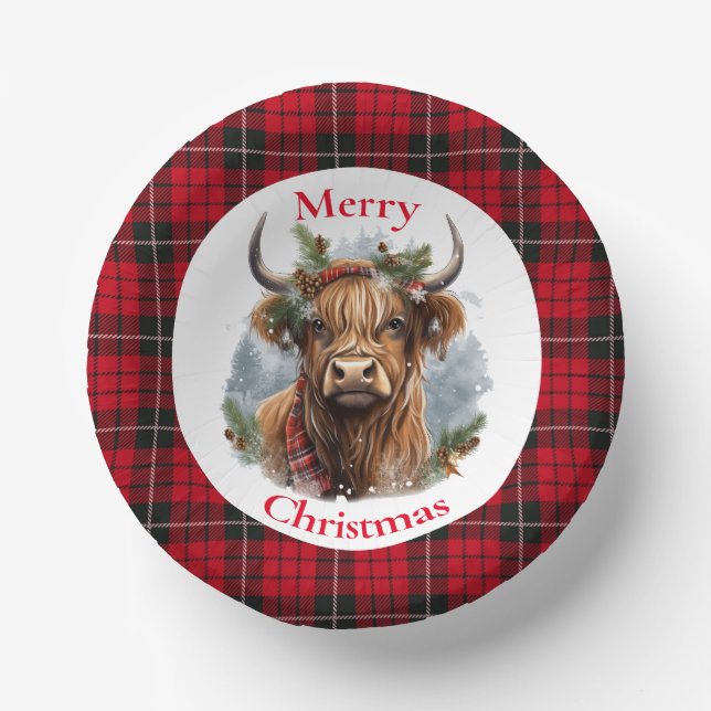 Red Checkered Christmas Highlander Cow Paper Bowls (Front)
