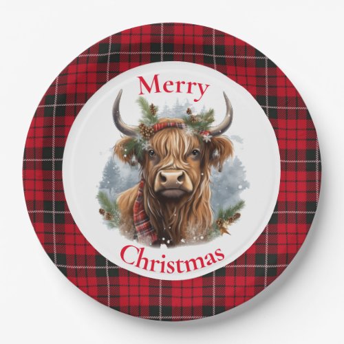 Red Checkered Christmas Highlander Cow Paper Plates