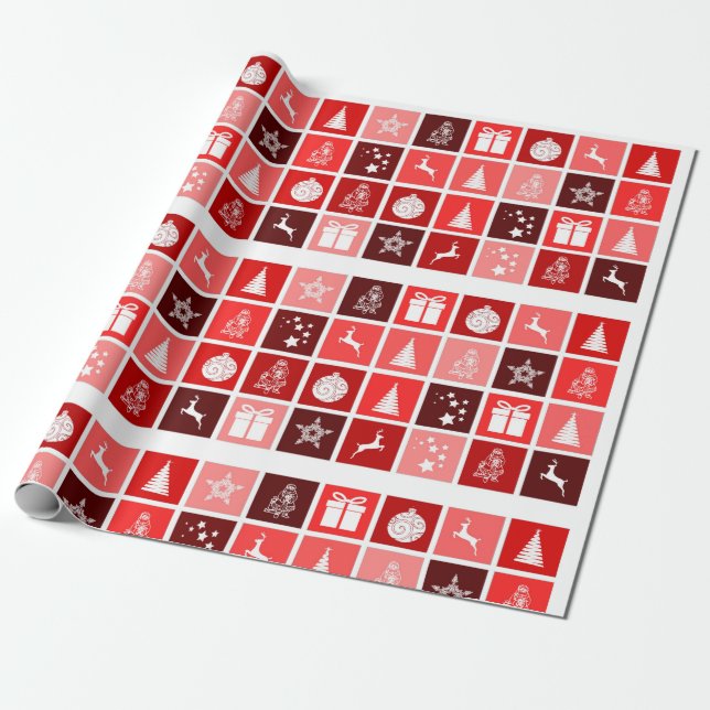 Red Checkered Christmas Pattern Wrapping Paper (Unrolled)