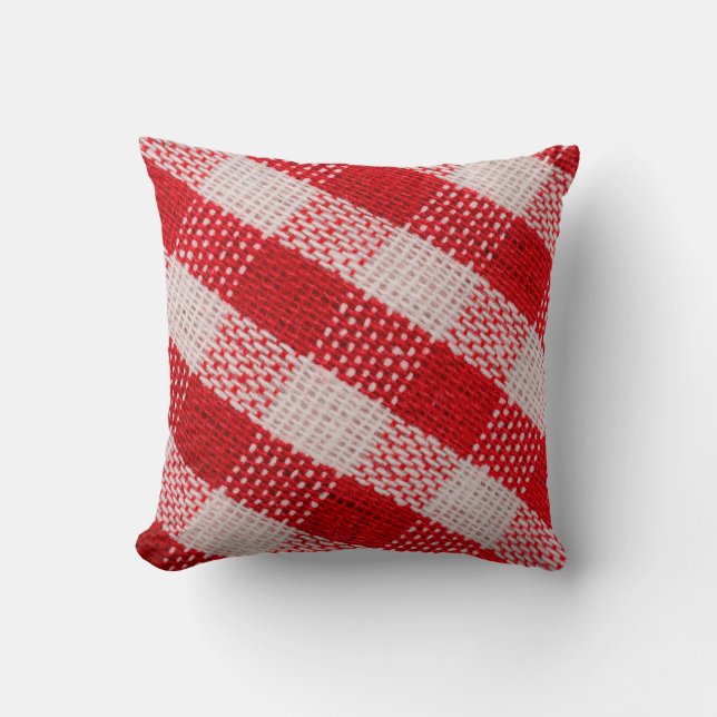 Red checkered fabric tablecloth pattern texture ba throw pillow (Front)