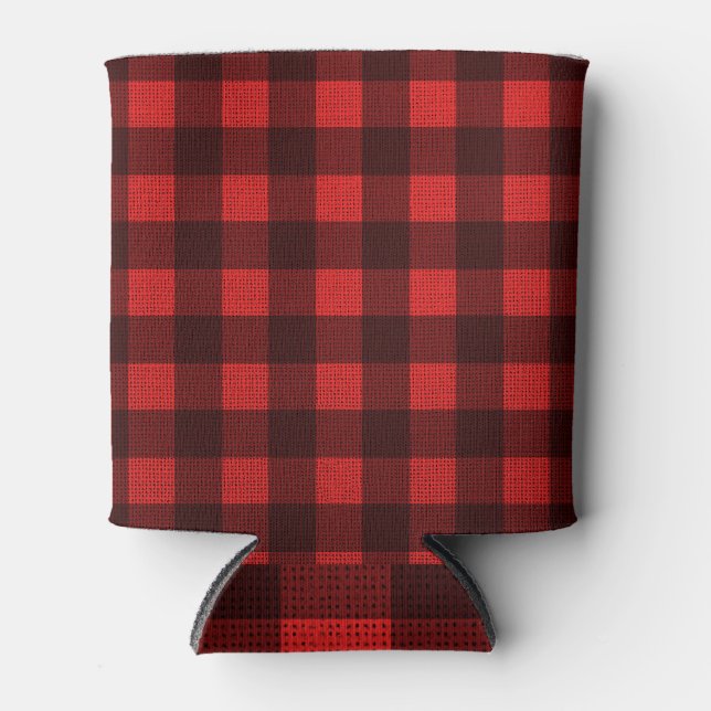 Red Checkered Fabric: Texture Background Can Cooler (Front)