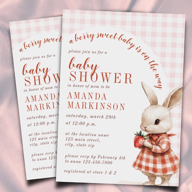 Red Checkered Garden Berry Sweet Bunny Baby Shower Invitation (Creator Uploaded)