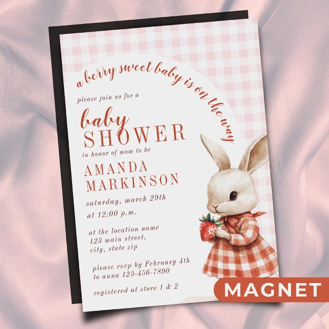 Red Checkered Garden Berry Sweet Bunny Baby Shower Magnetic Invitation (Creator Uploaded)