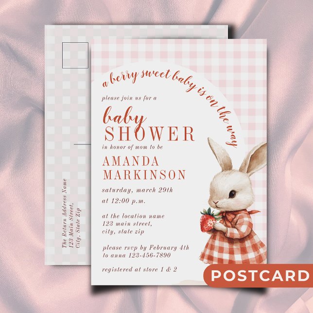 Red Checkered Garden Berry Sweet Bunny Baby Shower Postcard (Creator Uploaded)