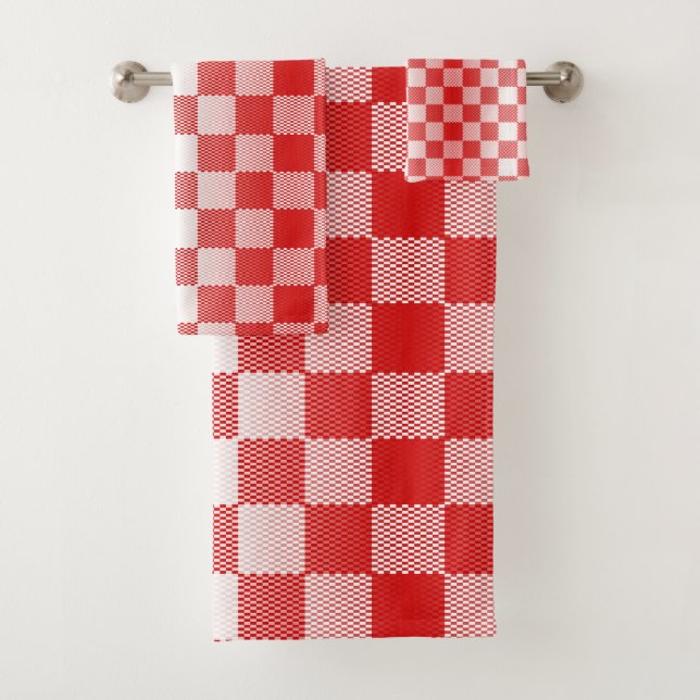 Red Checkered Geometric Bath Towel Set (Insitu)