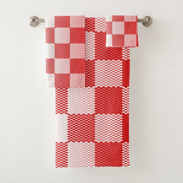 Red Checkered Geometric Bath Towel Set (Insitu)