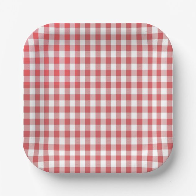 Red Checkered gingham tablecloth pattern bbq Paper Plates (Front)
