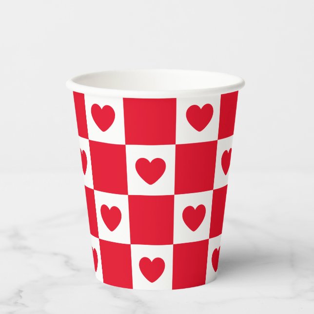 Red Checkered Heart Pattern Paper Cups (Front)