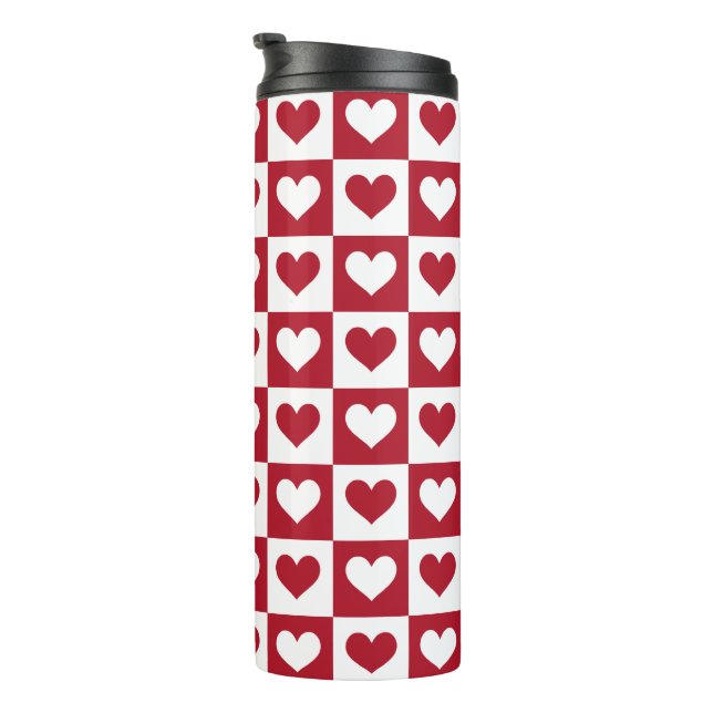 Red Checkered Hearts Cute Valentine's Day Thermal Tumbler (Rotated Right)