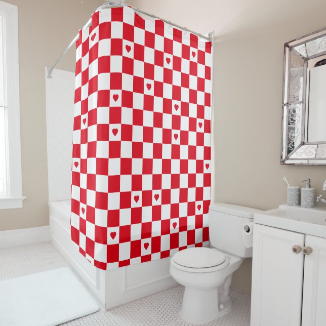 Red Checkered Pattern Background Shower Curtain (In Situ)