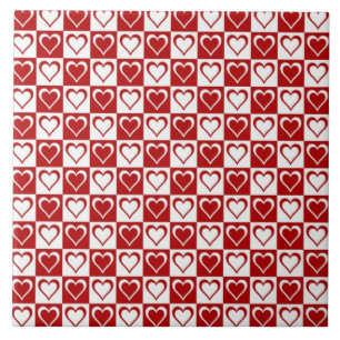 Red Checkered pattern with Hearts Ceramic Tile