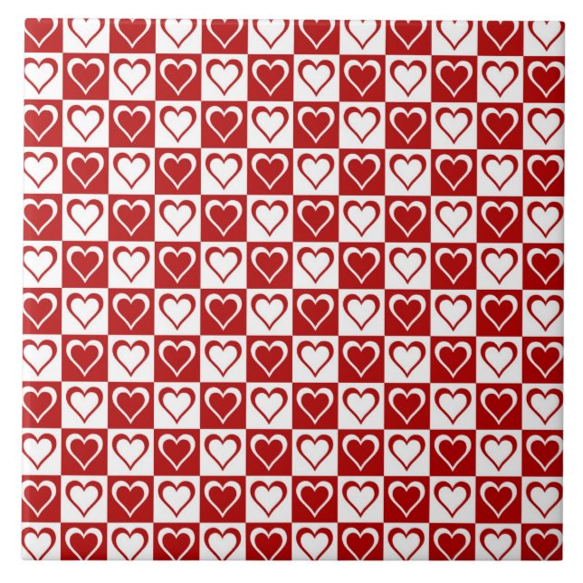 Red Checkered pattern with Hearts Ceramic Tile (Front)