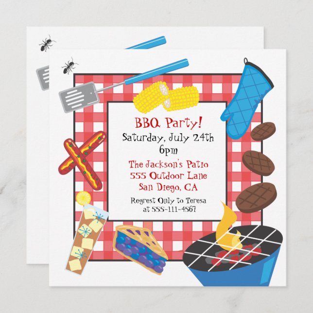 Red Checkered Picnic Barbecue Party Invitation (Front/Back)