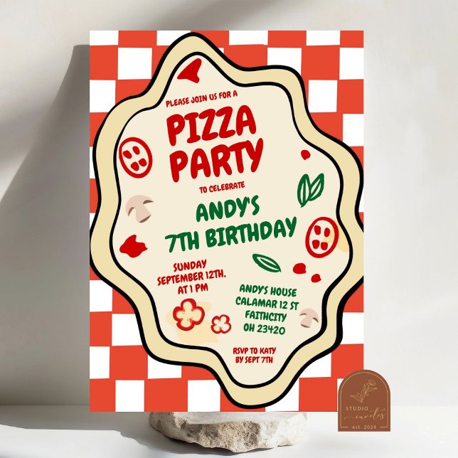 Red Checkered Pizza Party Italian Kids Birthday Invitation (Creator Uploaded)