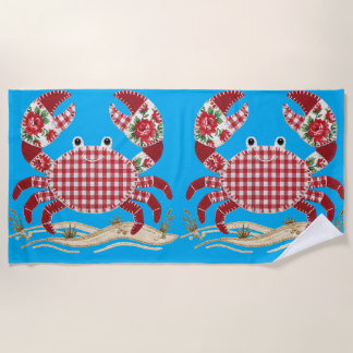 Red Checkered Quilted Look Crabs Beach Towel