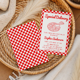 Red Checkered Special Delivery Pizza Baby Shower Invitation