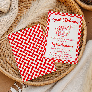 Red Checkered Special Delivery Pizza Baby Shower Invitation