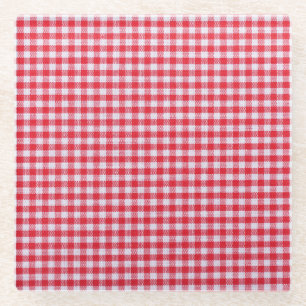 Red Checkered Tablecloth Close-Up. Glass Coaster