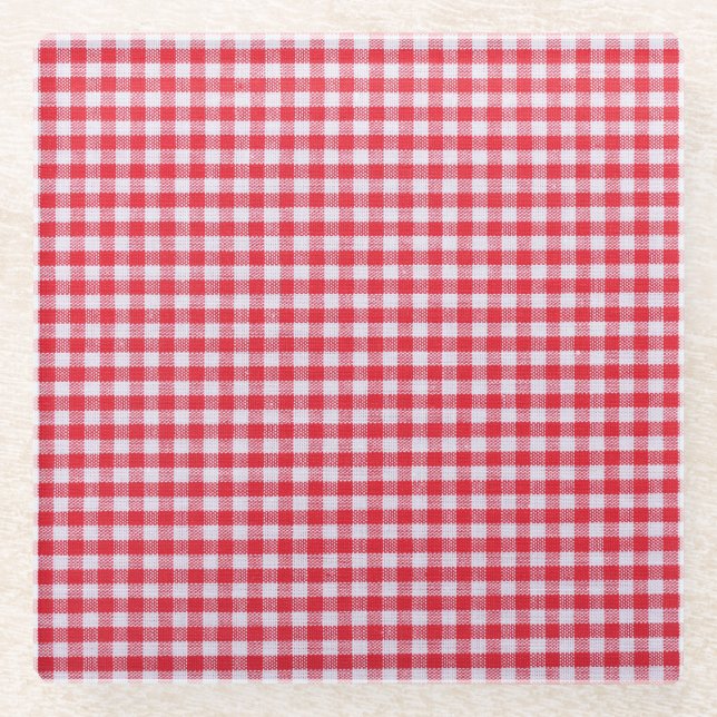 Red Checkered Tablecloth Close-Up. Glass Coaster (Front)
