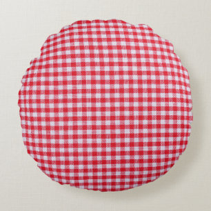 Red Checkered Tablecloth Close-Up. Round Pillow