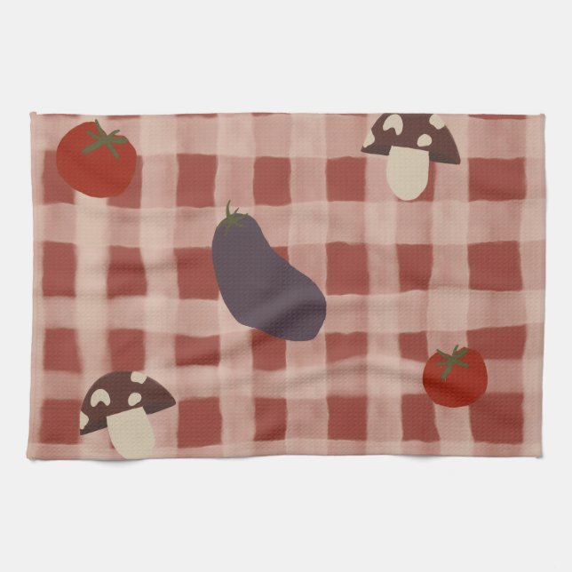 Red Checkered Vegetable Kitchen Towel (Horizontal)