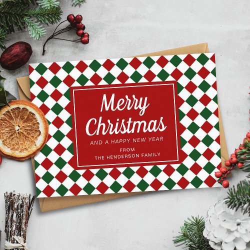 Red Checks Pattern Christmas Script Photo  Holiday Card