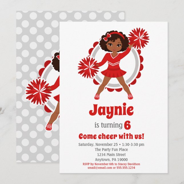 Red Cheerleader - African American Birthday Invitation (Front/Back)