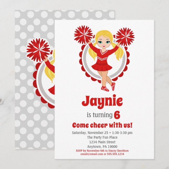 Red Cheerleader - Blonde Girls Cheer Birthday Invitation (Front/Back)