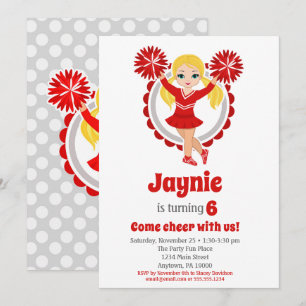Red Cheerleader - Blonde Girls Cheer Birthday Invitation