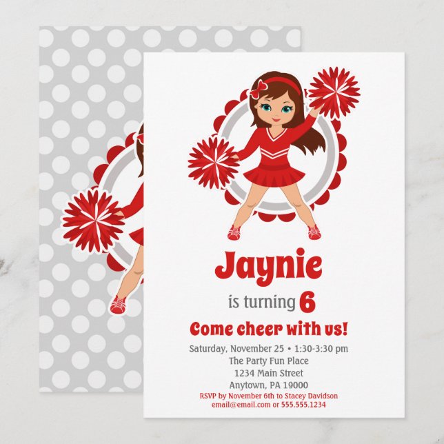 Red Cheerleader - Brunette Girls Cheer Birthday Invitation (Front/Back)