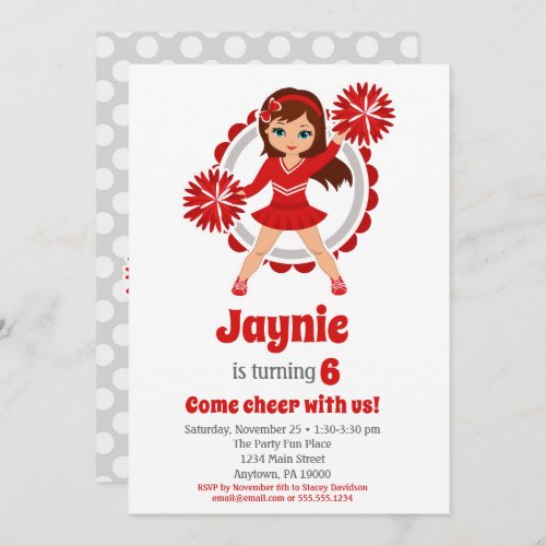Red Cheerleader _ Brunette Girls Cheer Birthday Invitation