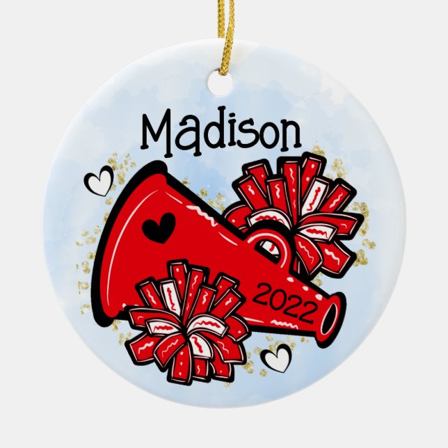 Red Cheerleader Ornament Megaphone Pom Pom (Front)
