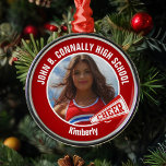 Red Cheerleader Photo High School Christmas Metal Ornament<br><div class="desc">This cool customized high school cheerleader photo gift features white typography of your team and player name on a red Christmas ornament with a CHEER megaphone. Personalize with your student's photograph and class year as a proud cheerleading parent. A great gift for a proud mom or dad.</div>