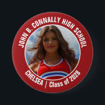 Red Cheerleader Photo High School Spirit Button<br><div class="desc">This cool customized high school cheerleader photo gift features white typography of your team and player name on a red button. Personalize with your student's photograph and class year as a proud cheerleading parent. A mom and dad can wear these buttons to competition and games.</div>