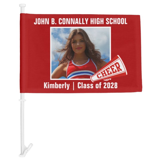 Red Cheerleader Photo High School Spirit Car Flag (Front)
