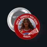 Red Cheerleader Photo High School Spirit Cheer Button<br><div class="desc">This cool customized high school cheerleader photo gift features white typography of your team and player name on a red button with a CHEER megaphone. Personalize with your student's photograph and class year as a proud cheerleading parent. A mom and dad can wear these buttons to competition and games.</div>