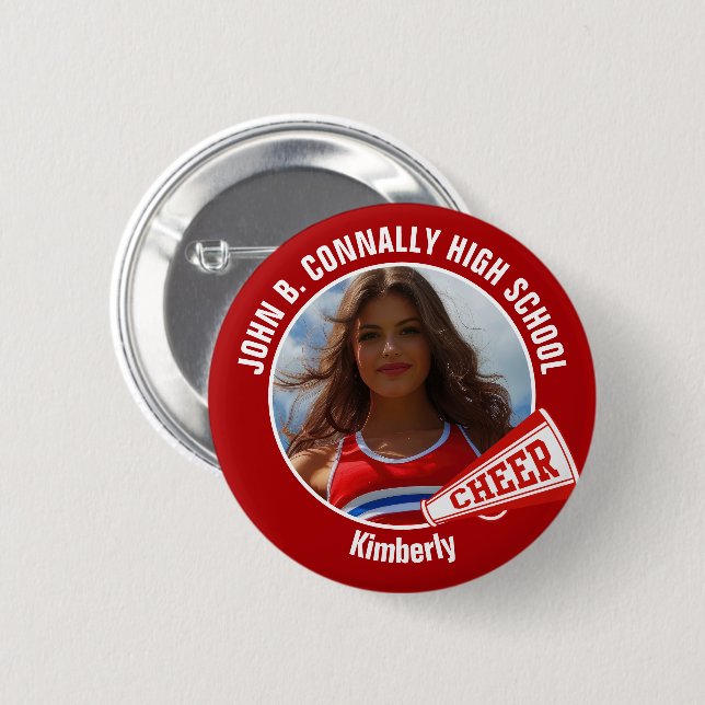 Red Cheerleader Photo High School Spirit Cheer Button (Front & Back)