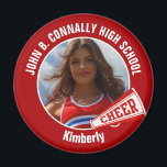Red Cheerleader Photo High School Spirit Cheer Magnet<br><div class="desc">This cool customized high school cheerleader photo gift features white typography of your team and player name on a red magnet with a cheer megaphone. Personalize with your student's photograph and class year as a proud cheerleading parent. A great gift for a mom or dad.</div>