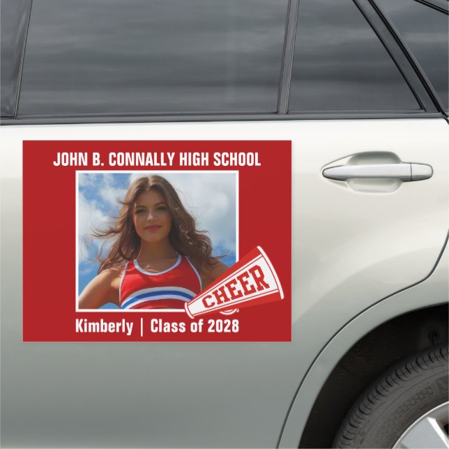 Red Cheerleader Photo High School Spirit Large Car Magnet (In Situ)