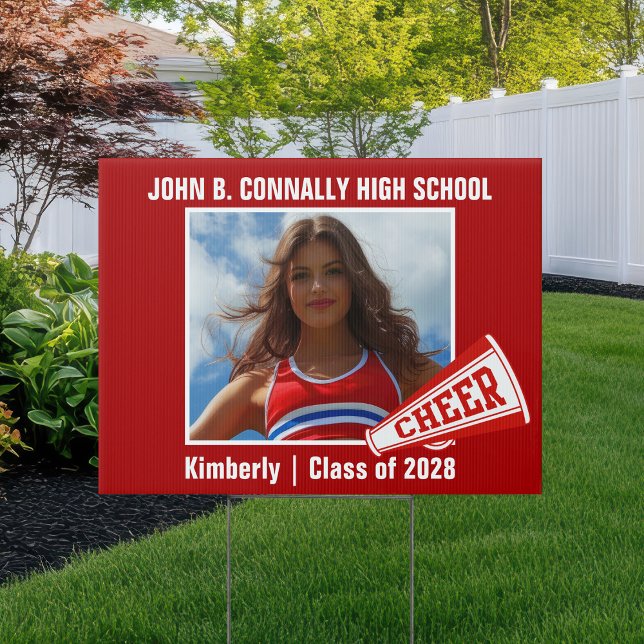Red Cheerleader Photo High School Spirit Yard Sign (Creator Uploaded)