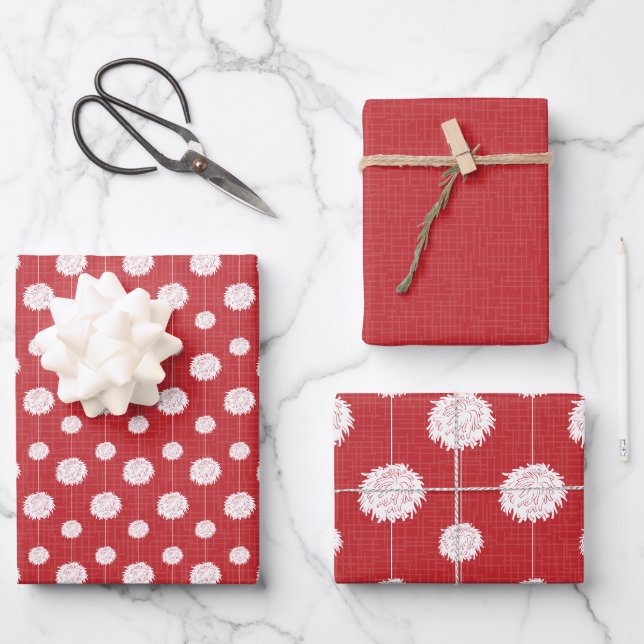Red Cheerleader Pom Pom Pattern Wrapping Paper Sheets (Front)