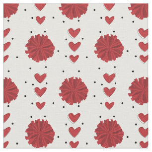 Red Cheerleader Pom Poms & Hearts Pattern Fabric