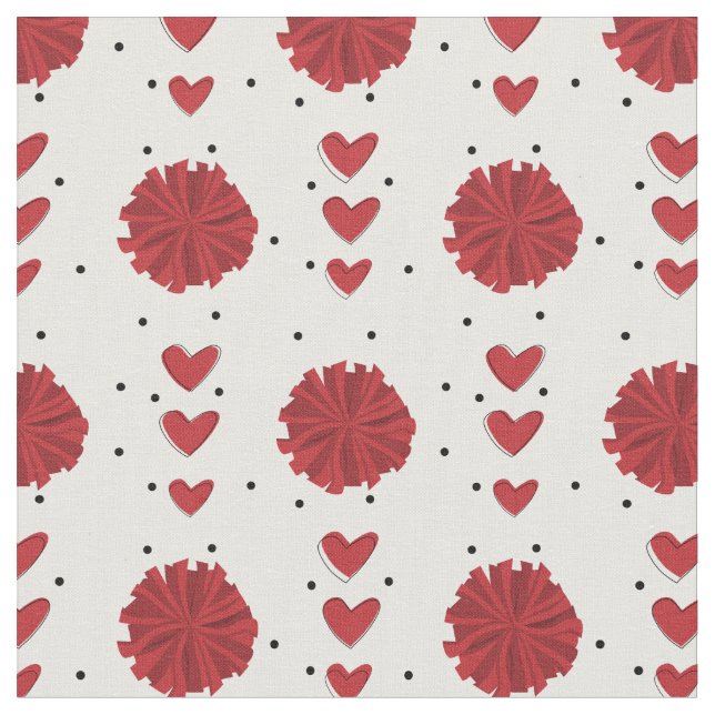 Red Cheerleader Pom Poms & Hearts Pattern Fabric (Close Up)