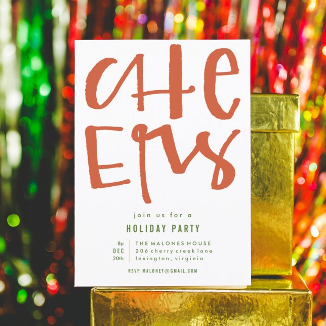 Red Cheers Holiday Party Invitation Card (Red hand lettered CHEERS holiday party invitation Christmas card.)